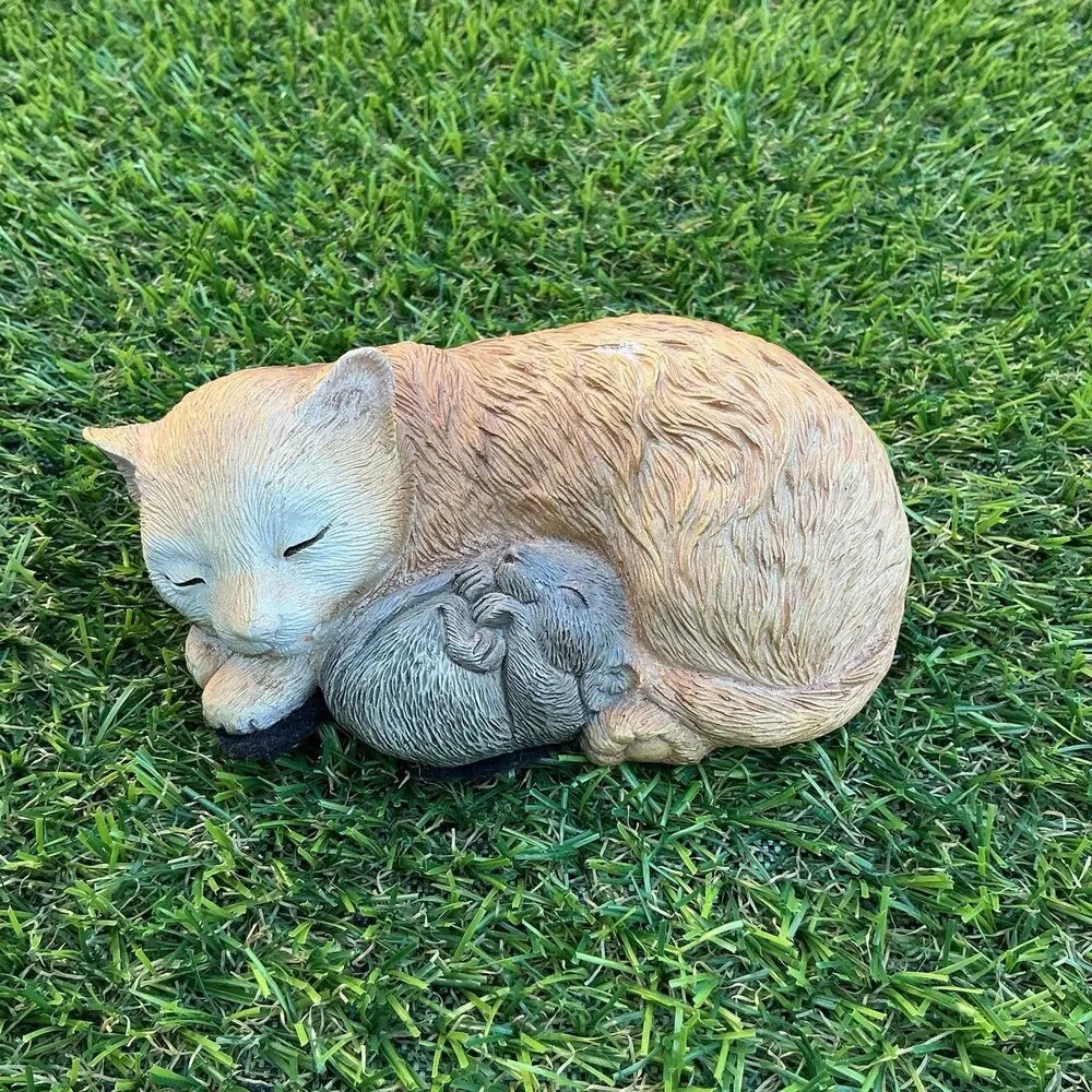 Vintage Mother Cat Kitten Figurine Sleeping Ash Brown Taiwan 4.5” Resin